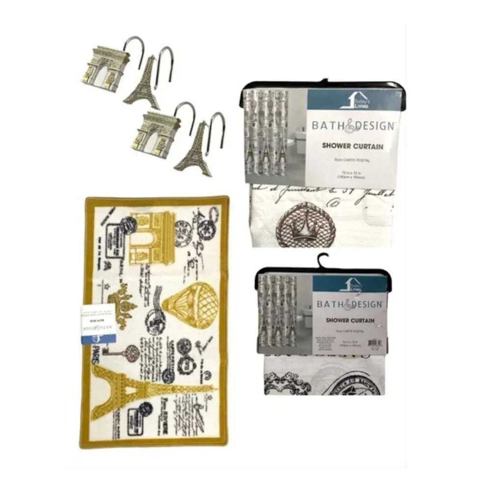 Paris Eiffel Tower French Bath Mat Rug Rectangle White Gold Multi 20 in x 32 in